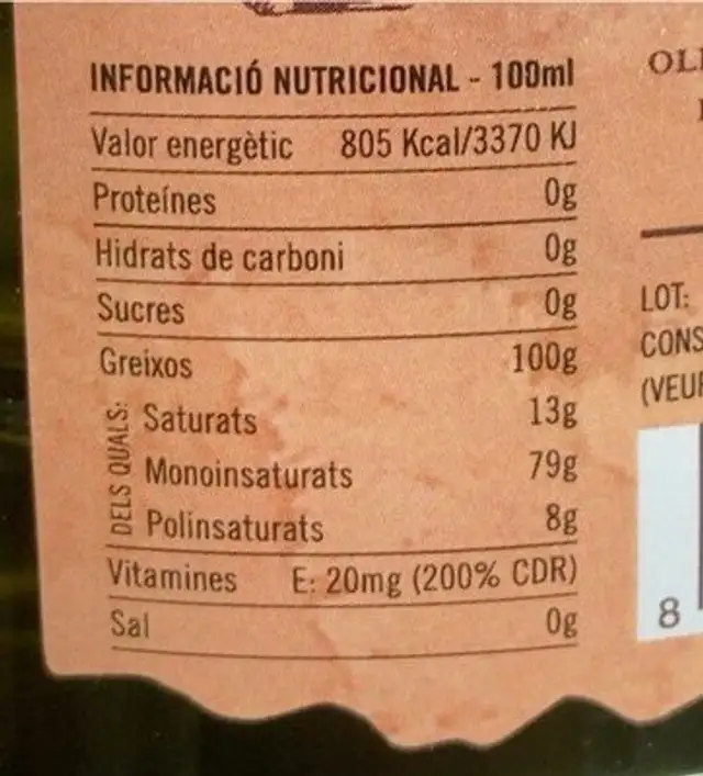 Oli d’oliva verge extra nutrition facts table