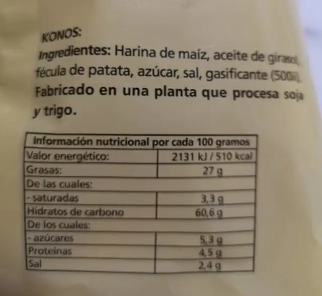 Conos Ayora nutrition facts table