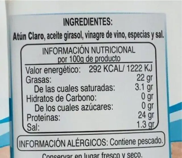 Atún claro en escabeche nutrition facts table