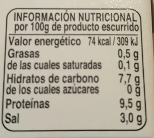 Berberechos Javimar nutrition facts table