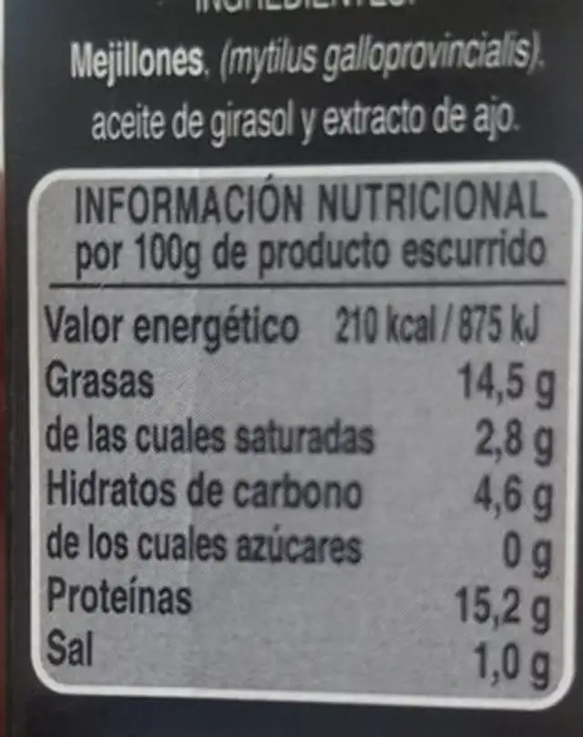 Mejillones al Natural nutrition facts table