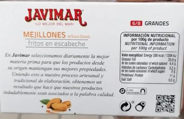 Mejillones nutrition facts table