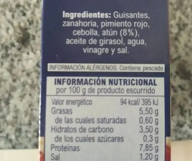 Ensalada Mediterránea con atún nutrition facts table