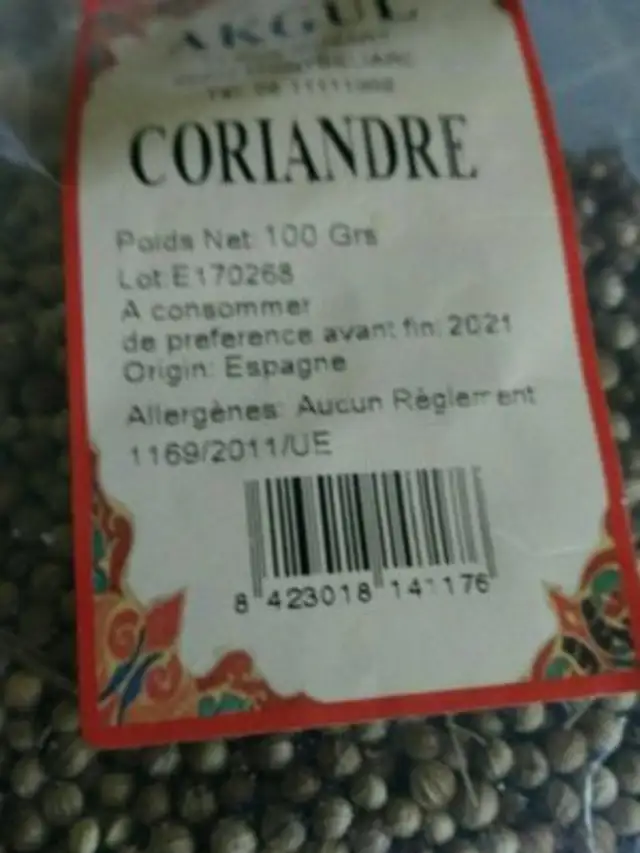 Coriandre ingredients label