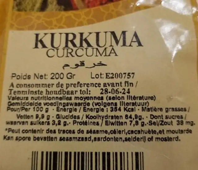 Curcuma nutrition facts table