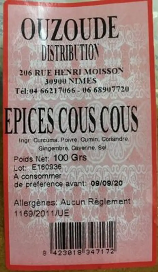 Epices couscous ingredients label