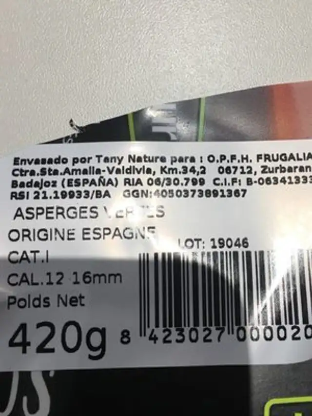 Asperges vertes ingredients label