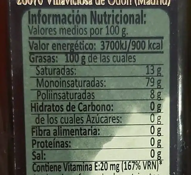 Aceite de oliva nutrition facts table