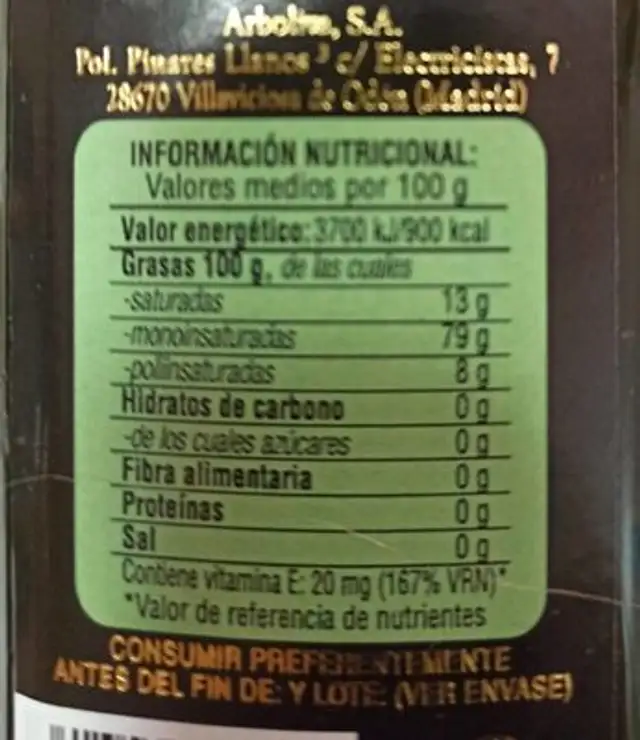 Aceite de Oliva Virgen Extra nutrition facts table