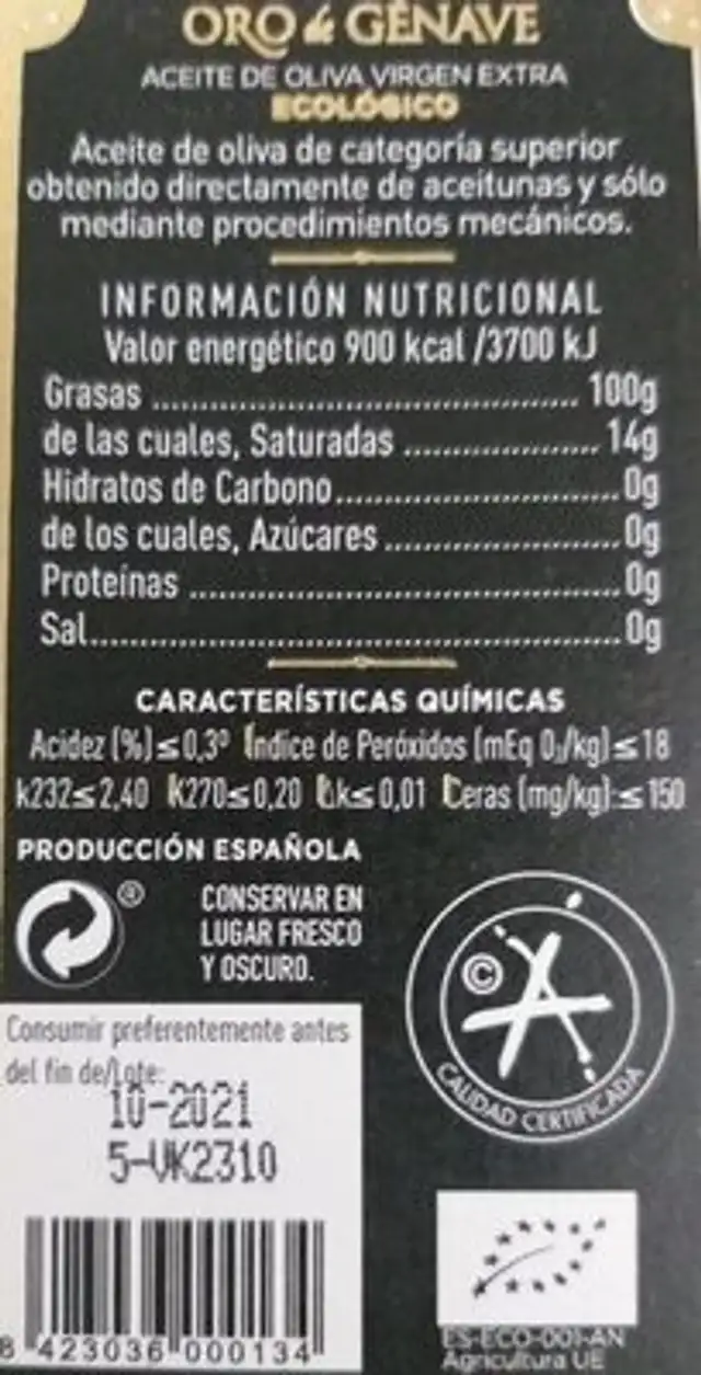 Oro de Genave nutrition facts table