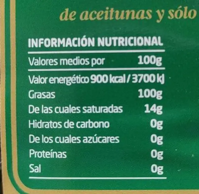 Aceite de oliva virgen extra nutrition facts table