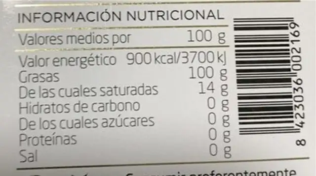 Aceite de oliva virgen extra nutrition facts table