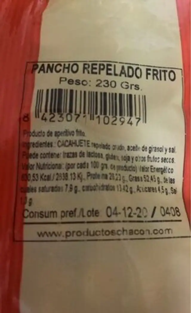 PANCHO REPELADO FRITO nutrition facts table