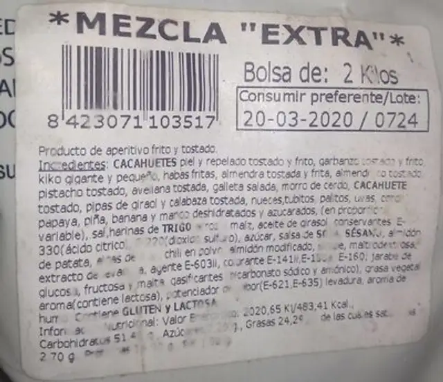Frutos secos. Mezcla Extra nutrition facts table
