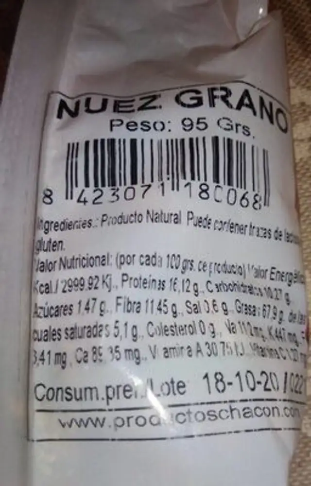 Nuez Grano nutrition facts table