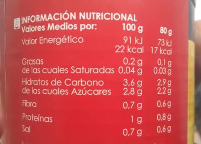 Tomate triturado nutrition facts table
