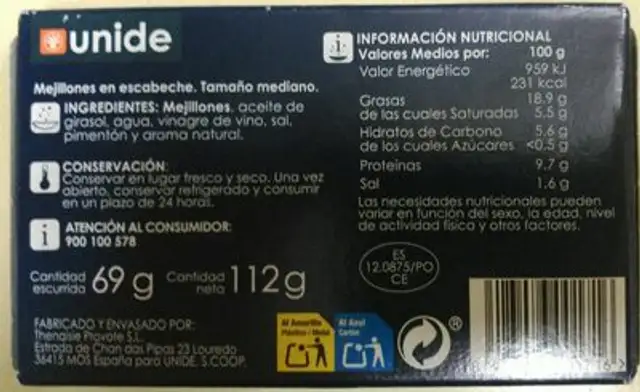 Mejillones en escabeche nutrition facts table