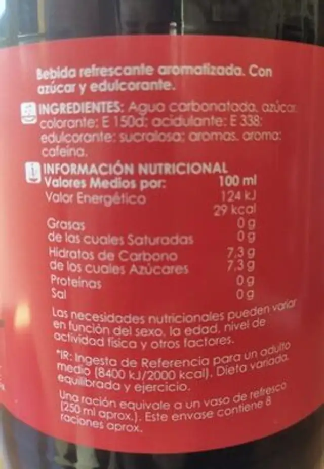 Cola nutrition facts table