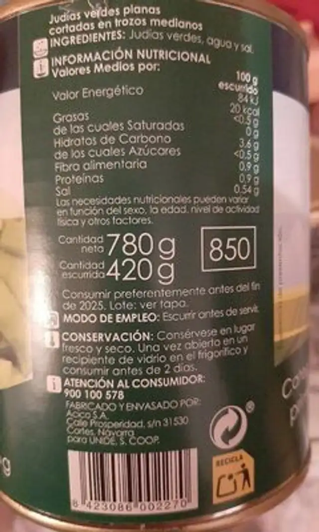 Judias Verdes Planas nutrition facts table