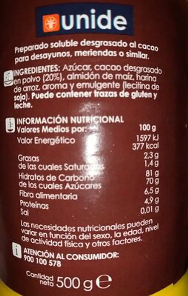 Soluble al cacao nutrition facts table