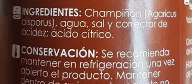 Champiñones Laminados ingredients label