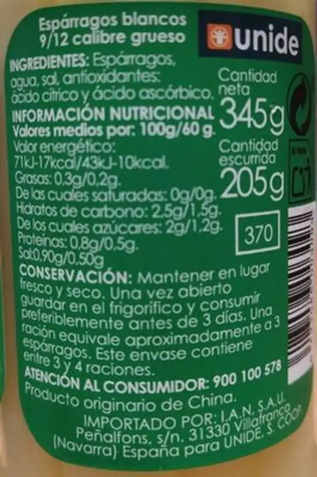 Espárragos blancos nutrition facts table