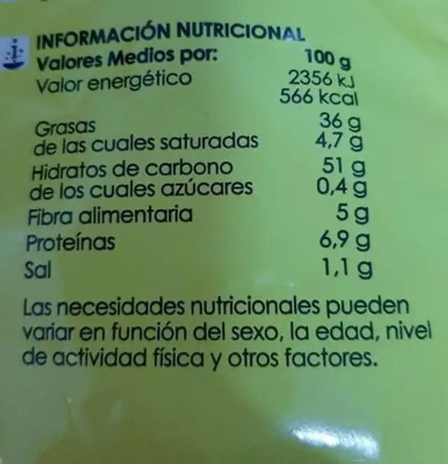 Patatas onduladas nutrition facts table