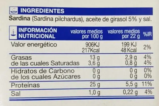Sardinas en Aceite Vegetal nutrition facts table
