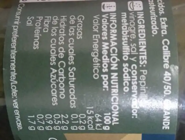Pepinillos Unide grandes nutrition facts table