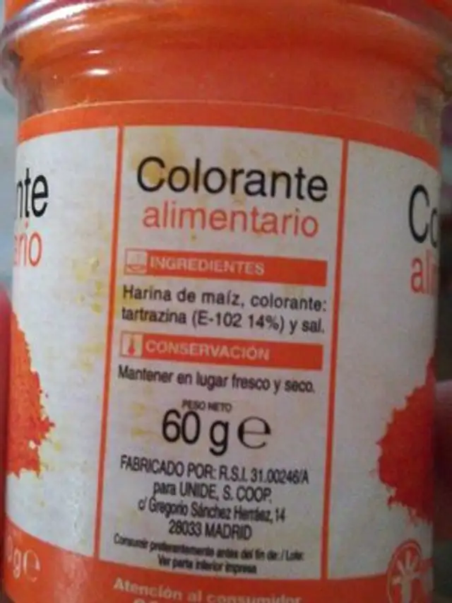 Colorante Alimentario ingredients label