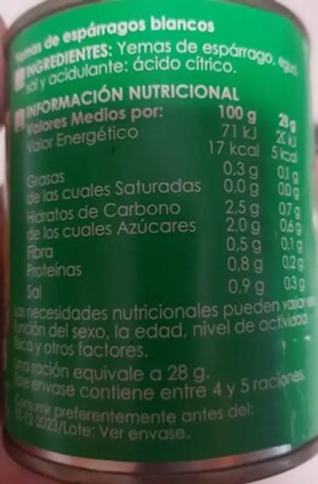 Yemas de espárragos nutrition facts table