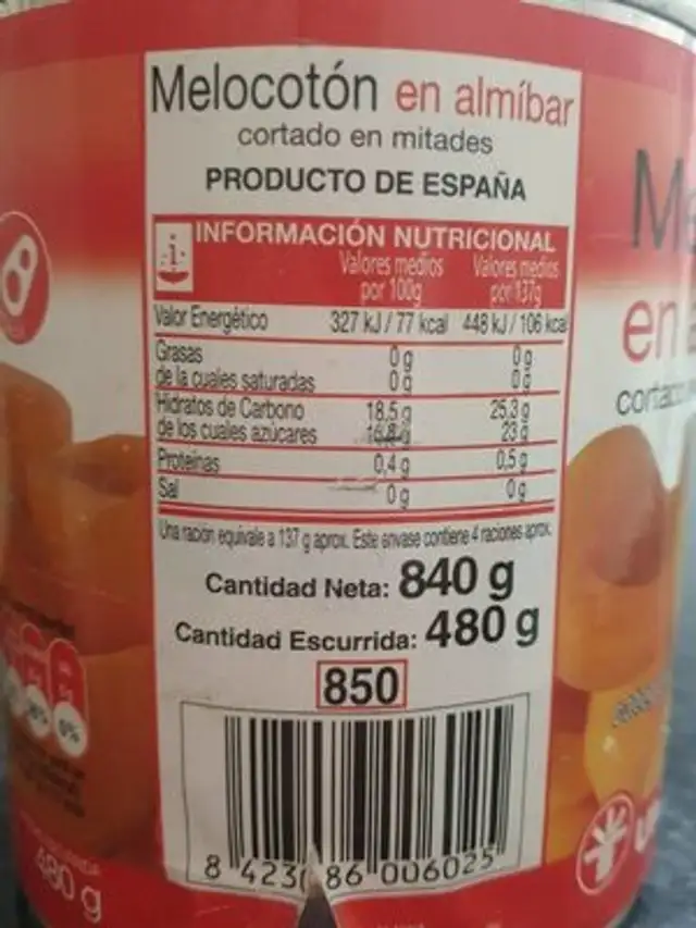 Melocotón en almíbar nutrition facts table