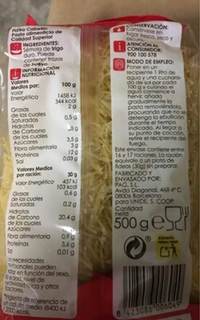 Fideo cabellin nutrition facts table
