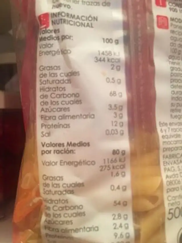 Macarrones nutrition facts table