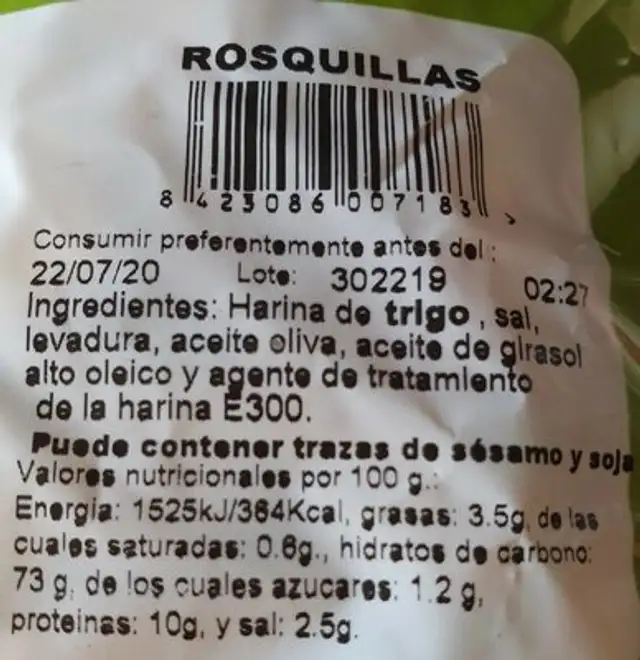Rosquillas nutrition facts table