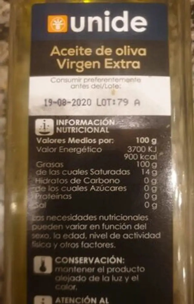 Aceite de oliva Virgen extra nutrition facts table