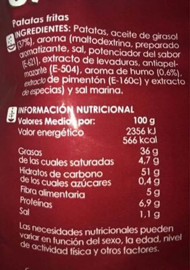 Patatas Fritas Sabor Jamon nutrition facts table