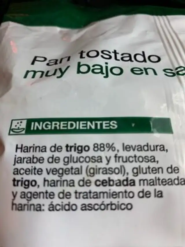 Pan tostado ingredients label