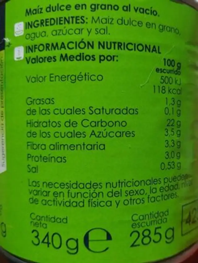Maíz dulce nutrition facts table
