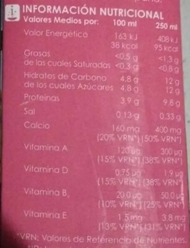 Leche nutrition facts table