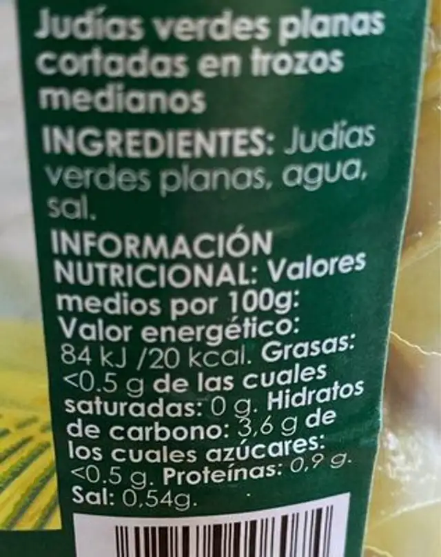 Judias verdes planad nutrition facts table