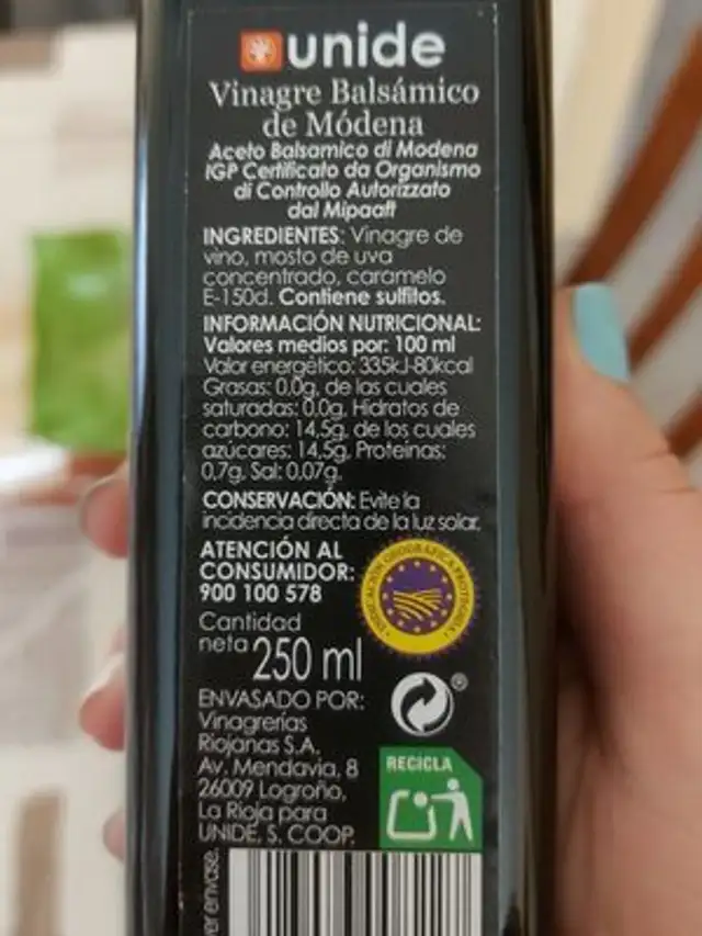 Vinagre Balsámico de Modena nutrition facts table