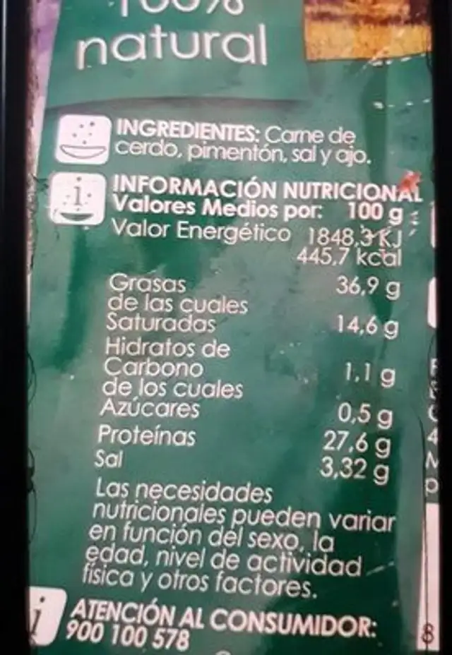 Chorizo Sarta Extra nutrition facts table