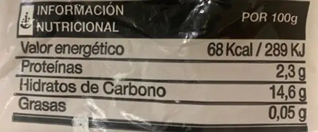 Patatas nutrition facts table