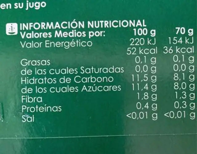Piña en rodajas nutrition facts table