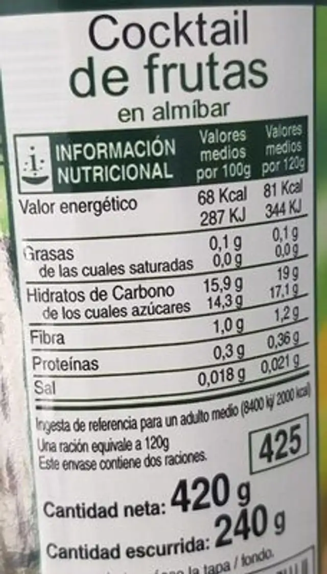 Coctail de frutas en almíbar nutrition facts table