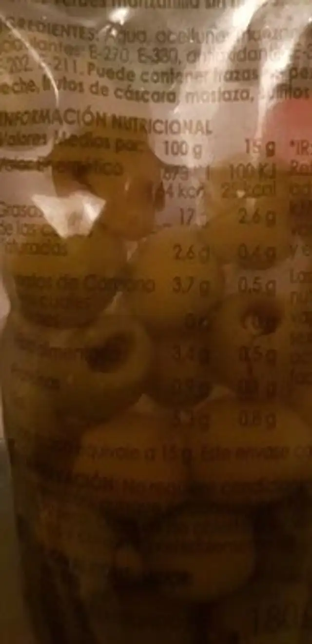 Aceitunas Verdes Manzanilla sin hueso nutrition facts table