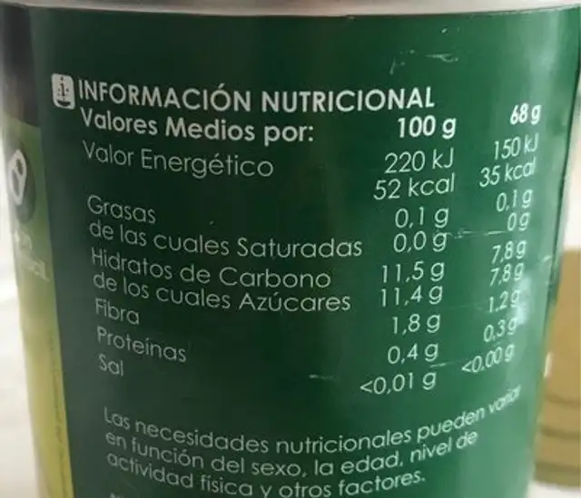 Piña en rodajas en su jugo nutrition facts table