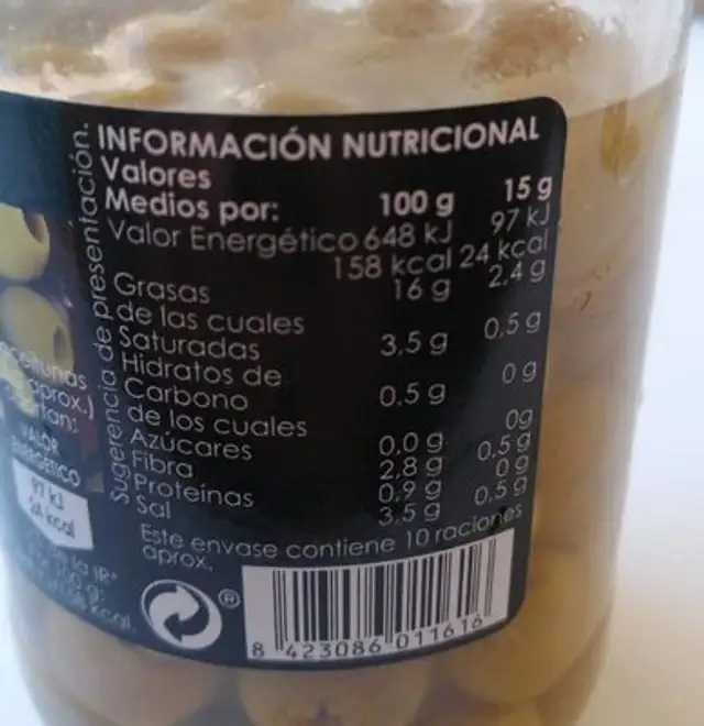Aceitunas Manzanillo nutrition facts table