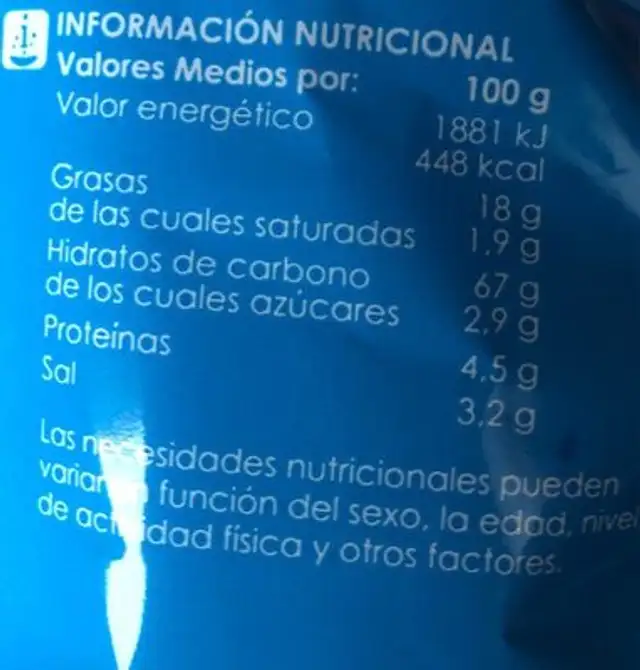 Patatas chic nutrition facts table